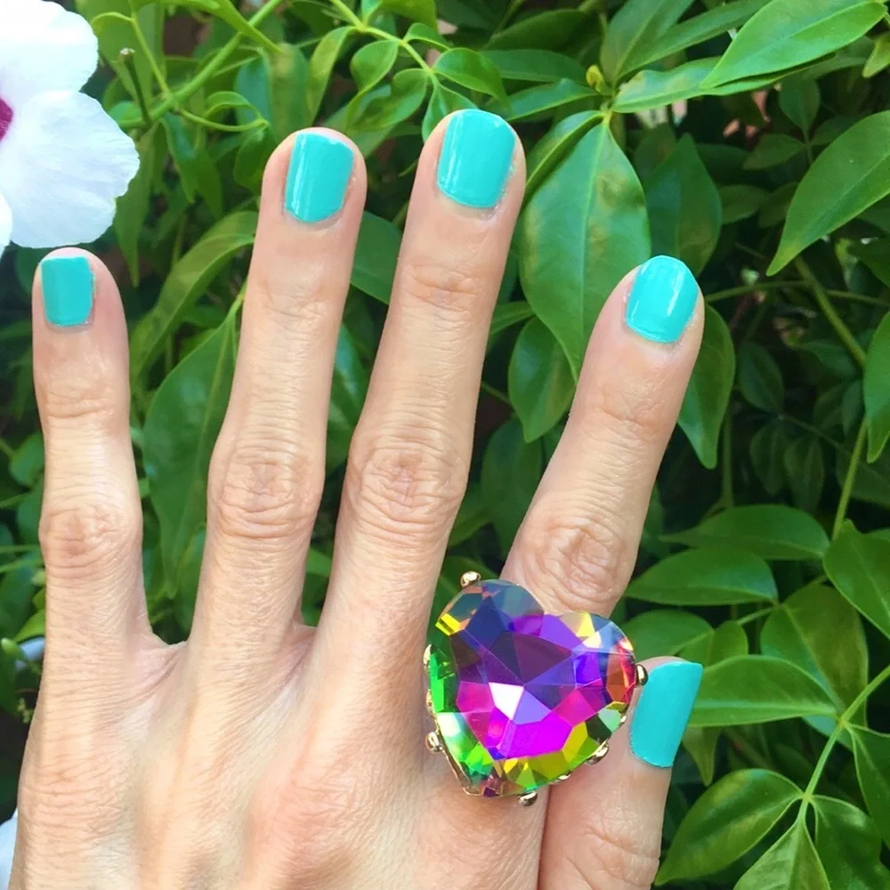 Oversized Heliotrope Crystal Heart + Gold Cocktail Statement Ring